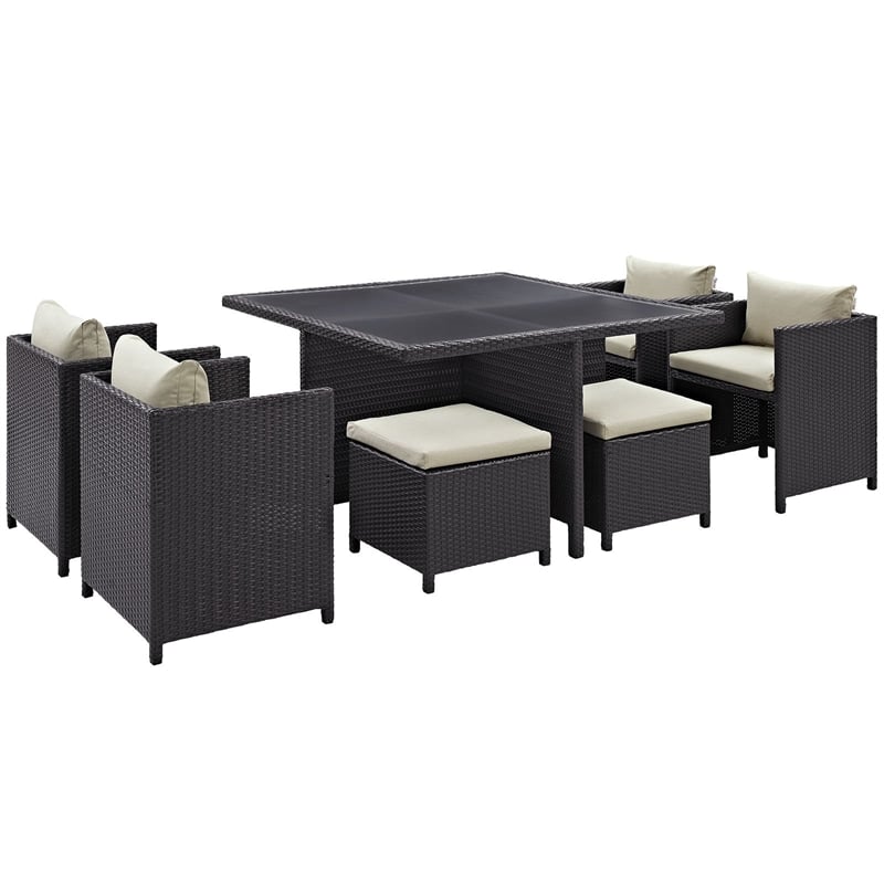 Maklaine Contemporary 9 Piece Outdoor Patio Dining Set in Espresso Beige