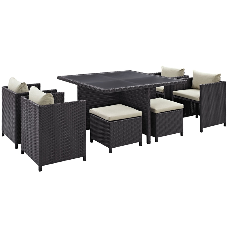 Maklaine Contemporary 9 Piece Outdoor Patio Dining Set in Espresso Beige