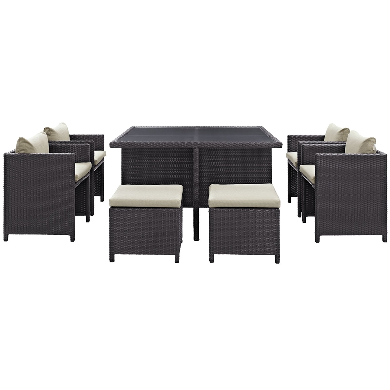 Maklaine Contemporary 9 Piece Outdoor Patio Dining Set in Espresso Beige
