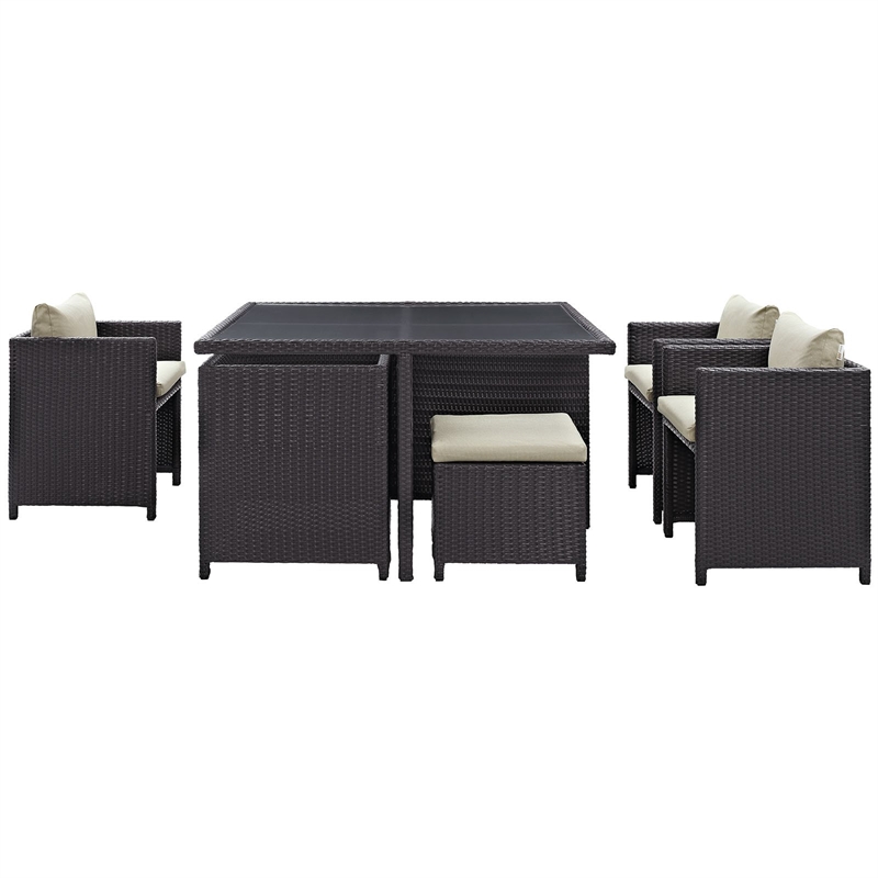 Maklaine Contemporary 9 Piece Outdoor Patio Dining Set in Espresso Beige