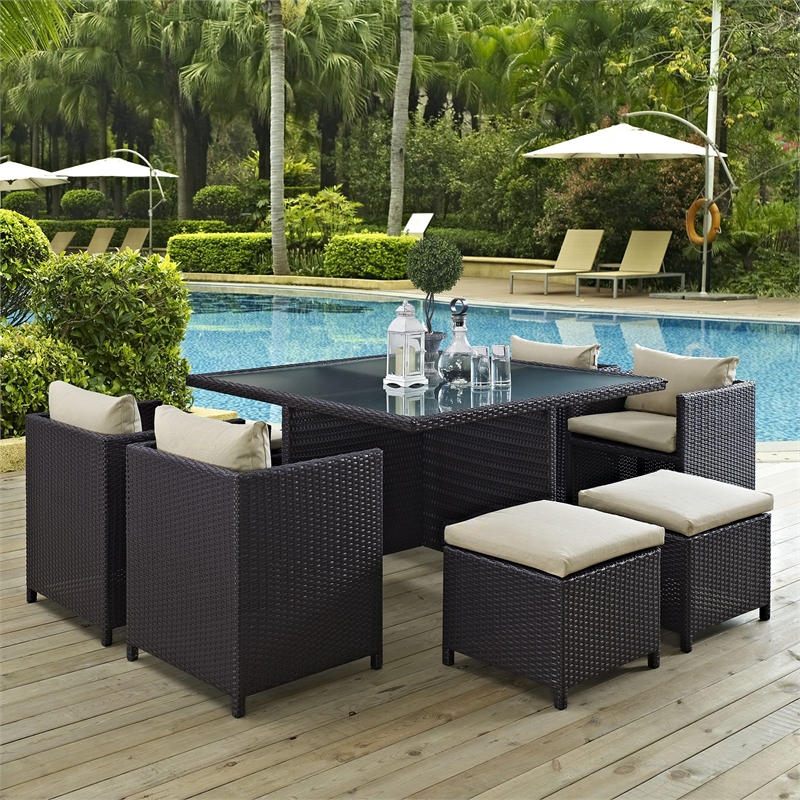 Maklaine Contemporary 9 Piece Outdoor Patio Dining Set in Espresso Beige