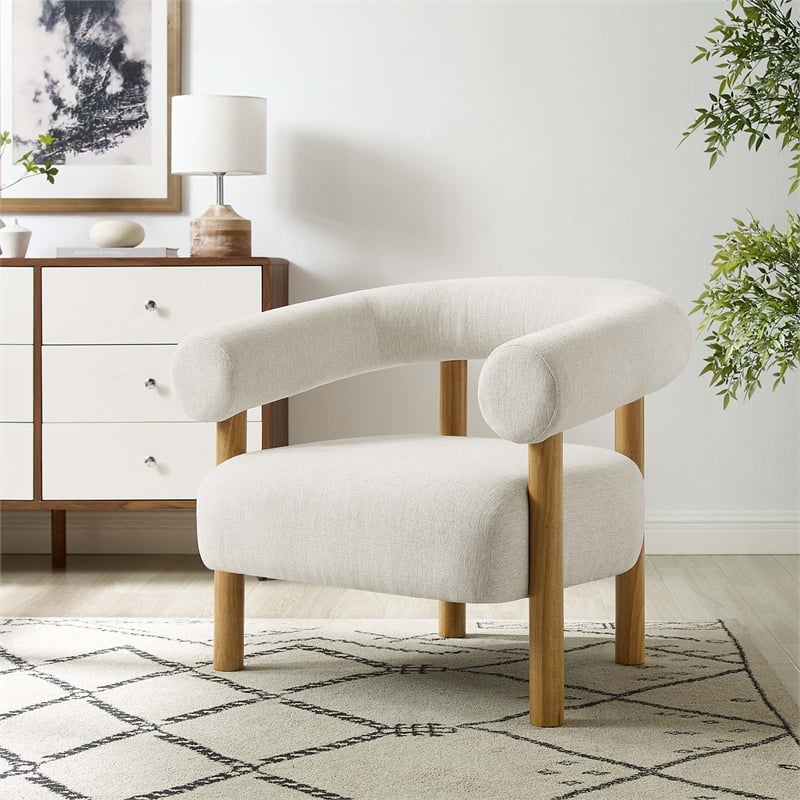 Maklaine Upholstered Modern Fabric Armchair in Ivory and Natural