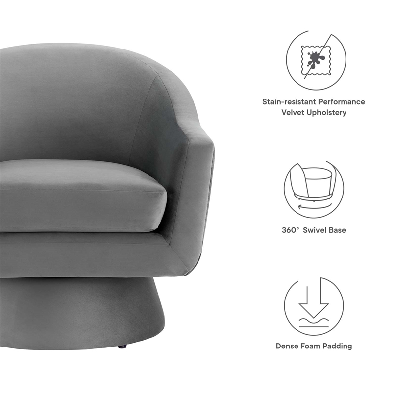 Maklaine Upholstered Modern Velvet Fabric & Wood Swivel Chair in Gray