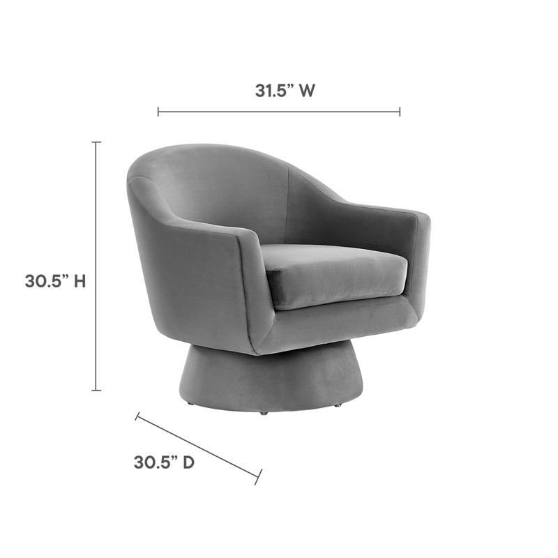 Maklaine Upholstered Modern Velvet Fabric & Wood Swivel Chair in Gray