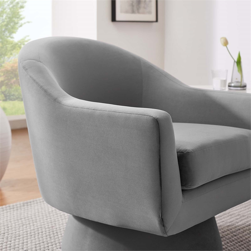 Maklaine Upholstered Modern Velvet Fabric & Wood Swivel Chair in Gray