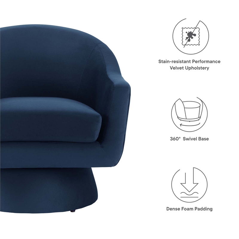 Maklaine Upholstered Modern Velvet Fabric & Wood Swivel Chair in Blue