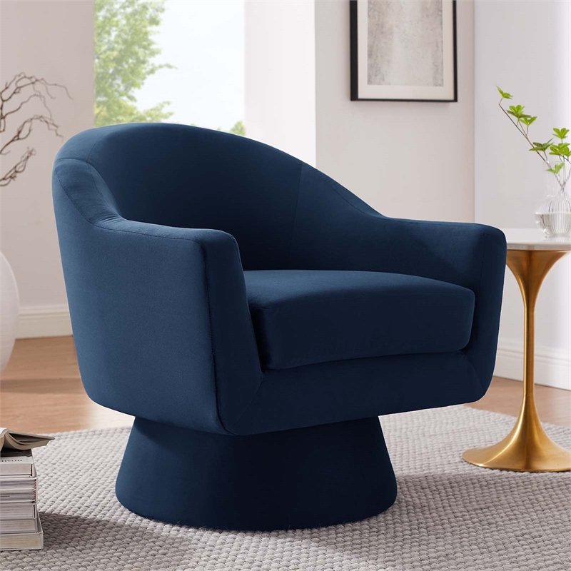 Maklaine Upholstered Modern Velvet Fabric & Wood Swivel Chair in Blue