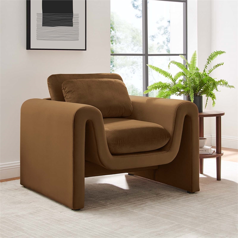 Maklaine Contemporary Upholstered Velvet Fabric Armchair in Brown