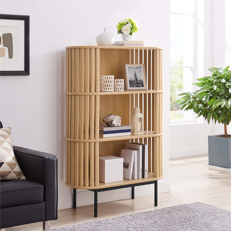 Maklaine 3-Tier Wood Display Cabinet with Open Storage in Oak