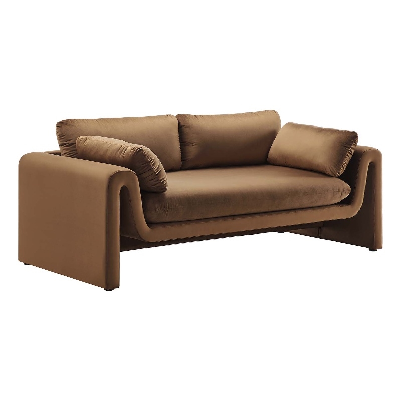 Maklaine Contemporary Upholstered Velvet Fabric Sofa in Brown