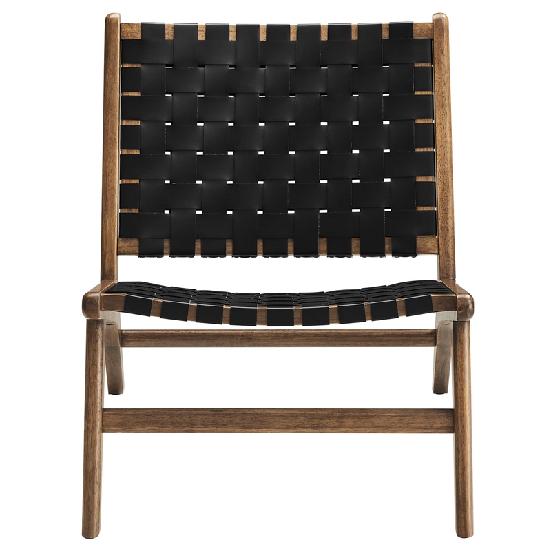 Maklaine Woven Leather & Wood Accent Lounge Chair in Black and Walnut