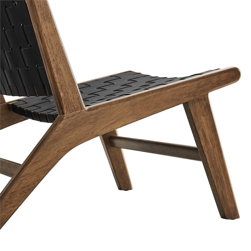 Maklaine Woven Leather & Wood Accent Lounge Chair in Black and Walnut