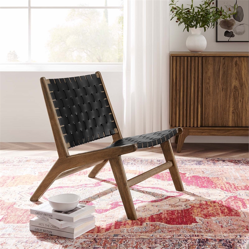 Maklaine Woven Leather & Wood Accent Lounge Chair in Black and Walnut