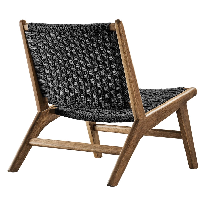 Maklaine Woven Rope & Wood Accent Lounge Chair in Black and Walnut