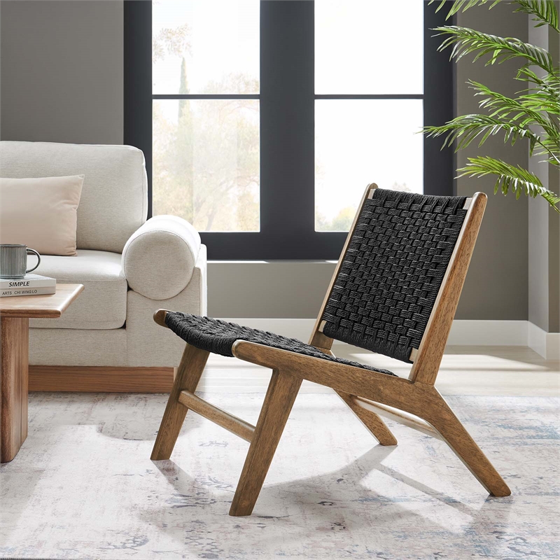 Maklaine Woven Rope & Wood Accent Lounge Chair in Black and Walnut