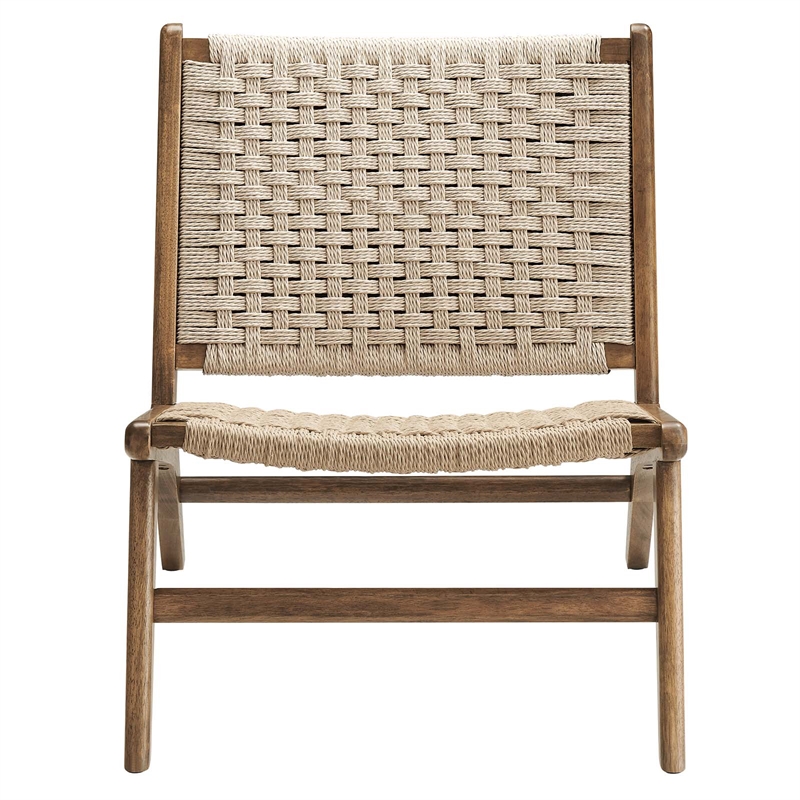Maklaine Woven Rope & Wood Accent Lounge Chair in Natural/Walnut