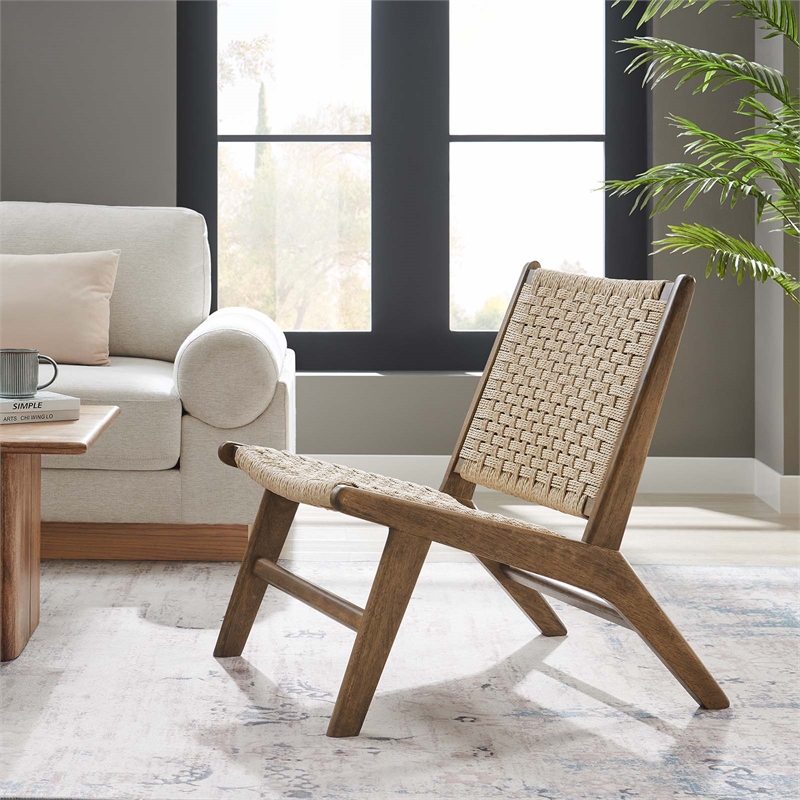 Maklaine Woven Rope & Wood Accent Lounge Chair in Natural/Walnut