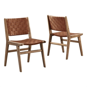 Maklaine 17.5&quot Woven Leather Dining Side Chair in Walnut/Brown (Set of 2)
