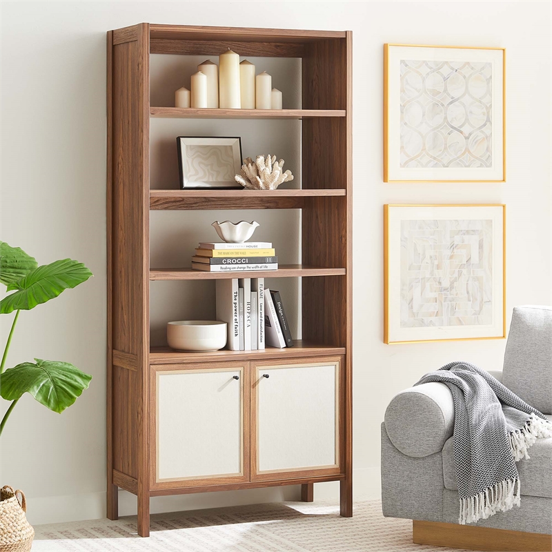 Maklaine Modern / Contemporary 4-Shelf Wood Grain Bookcase in Walnut