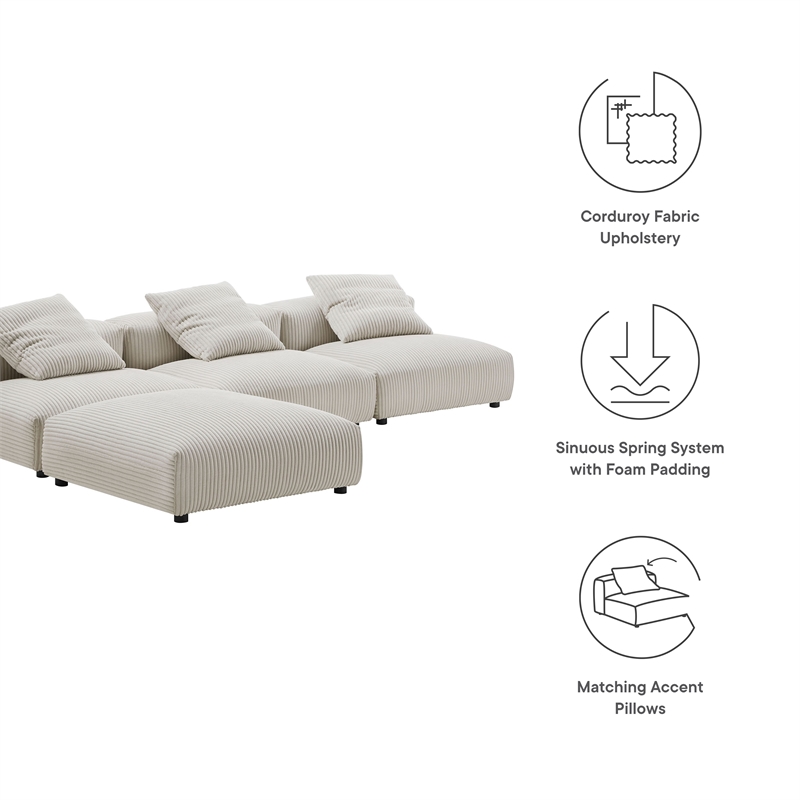 Maklaine 4-Piece Modular Corduroy Upholstered Sectional Sofa in Almond