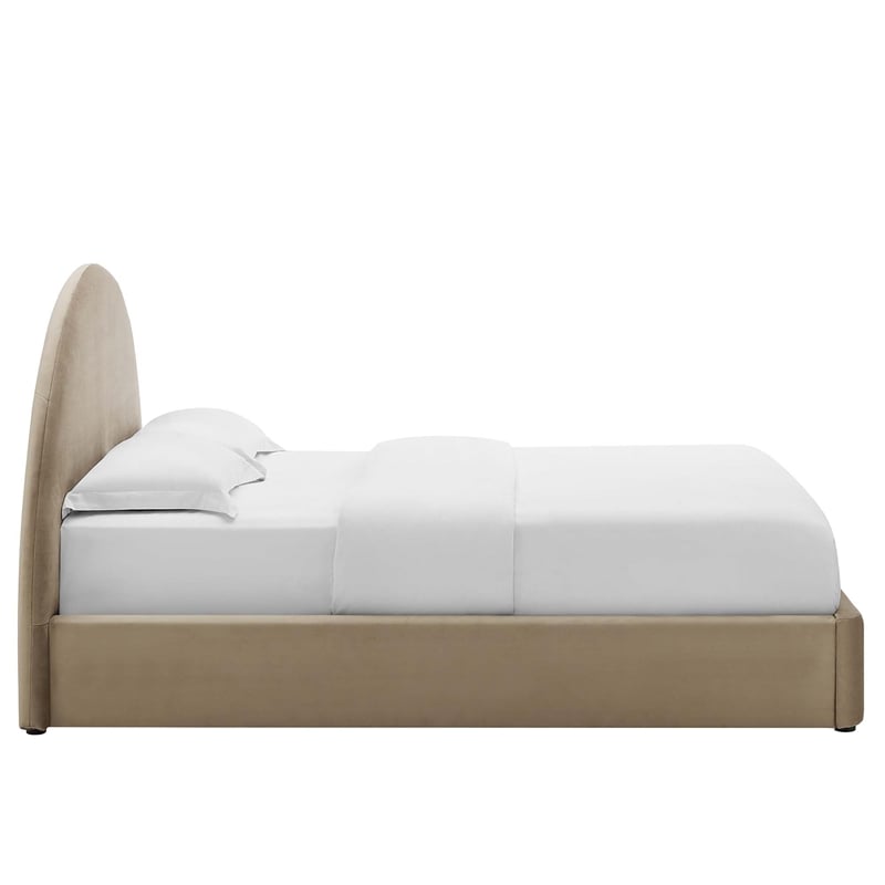 Maklaine Resort Performance Velvet Arched Round Full Platform Bed in Taupe