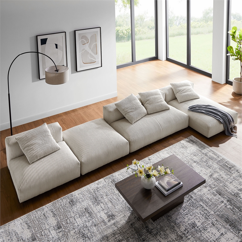 Maklaine 4-Pc Modular Corduroy Upholstered Sectional Sofa With Ottoman in Almond