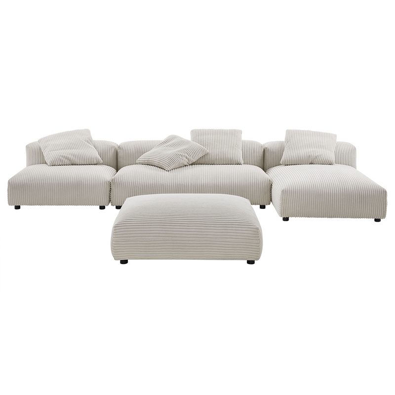 Maklaine 4-Pc Modular Corduroy Upholstered Sectional Sofa With Ottoman in Almond