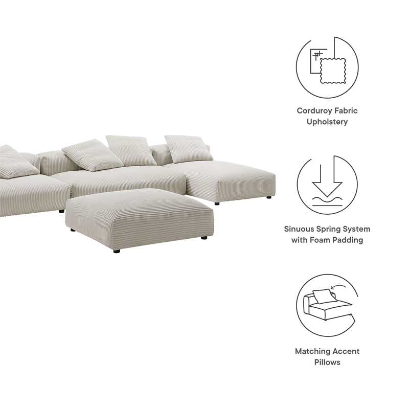 Maklaine 4-Pc Modular Corduroy Upholstered Sectional Sofa With Ottoman in Almond
