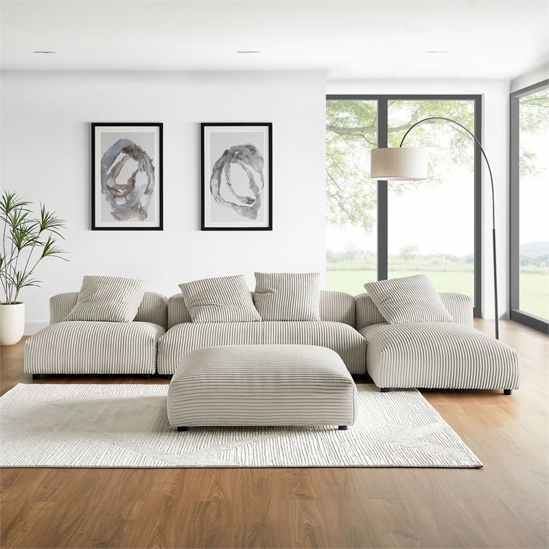 Maklaine 4-Pc Modular Corduroy Upholstered Sectional Sofa With Ottoman in Almond