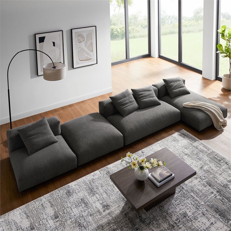 Maklaine 4-Pc Modular Upholstered Fabric Sectional Sofa With Ottoman in Charcoal