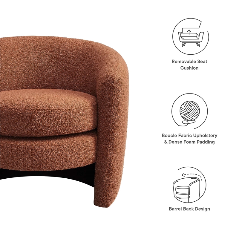 Maklaine Upholstered Boucle Fabric Curved Back Armchair in Rust