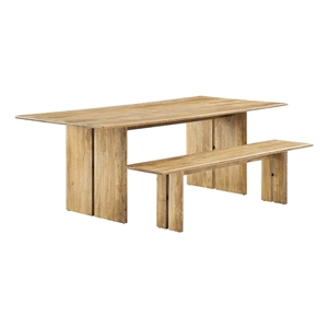 Maklaine 86&quot Rectangular Wood Dining Table and Bench Set in Oak
