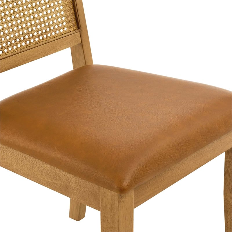 Maklaine Vegan Leather Upholstered Faux Rattan & Wood 2-Pc Dining Side Chairs