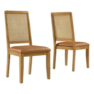 Maklaine Vegan Leather Upholstered Faux Rattan & Wood 2-Pc Dining Side Chairs