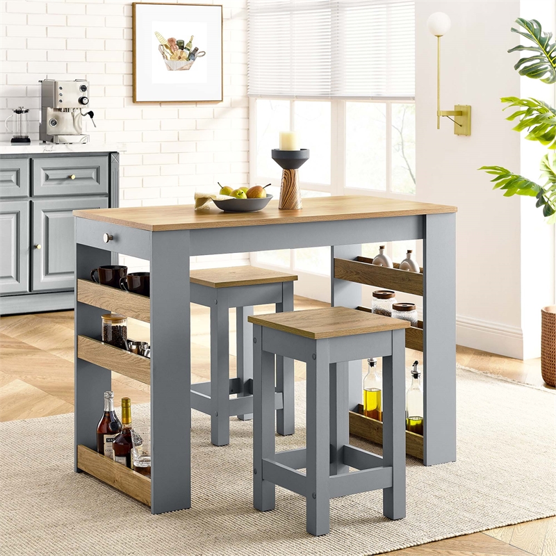 Maklaine Contemporary 3-Piece Kitchen Island and Stool Set in Oak Gray