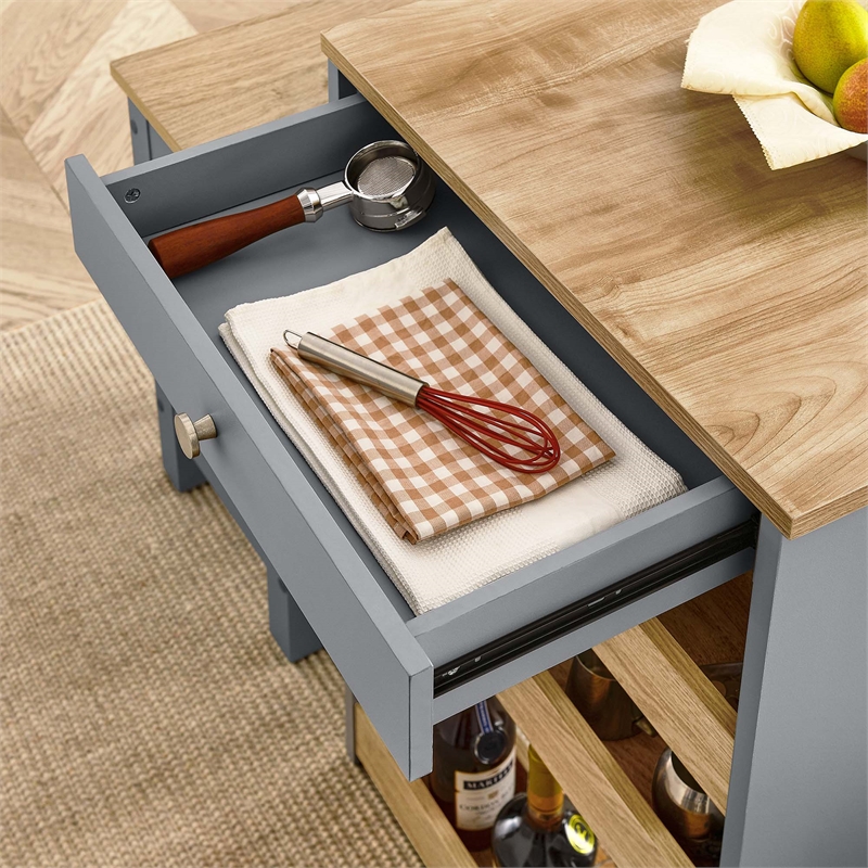 Maklaine Contemporary 3-Piece Kitchen Island and Stool Set in Oak Gray