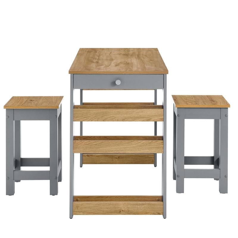 Maklaine Contemporary 3-Piece Kitchen Island and Stool Set in Oak Gray