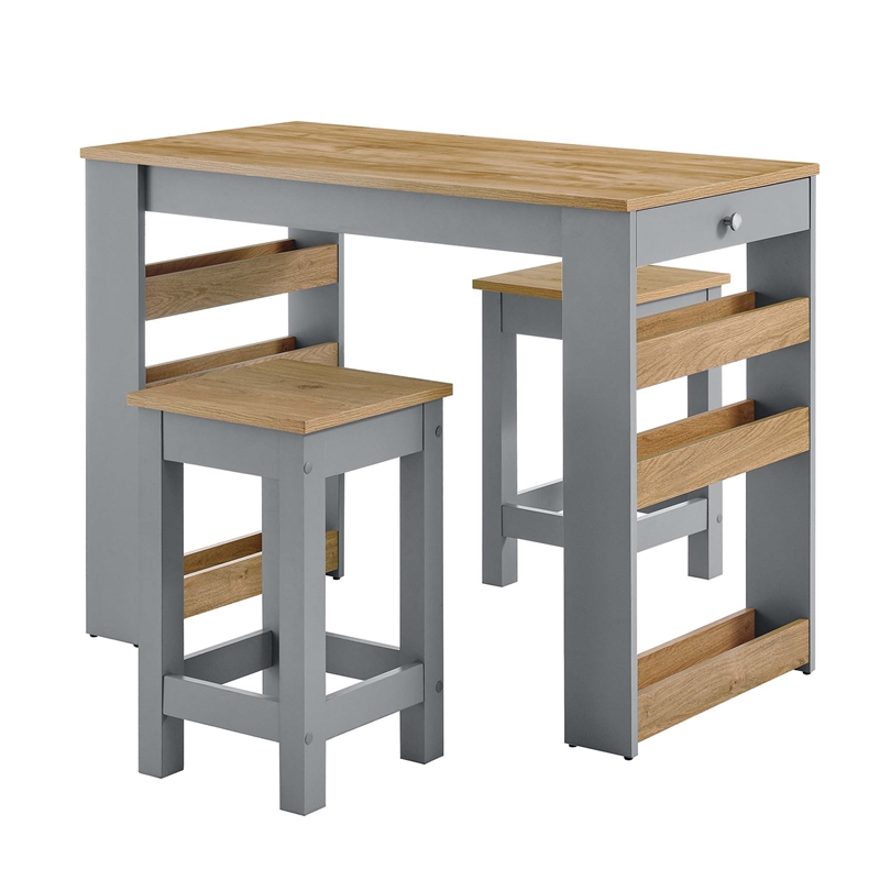 Maklaine Contemporary 3-Piece Kitchen Island and Stool Set in Oak Gray
