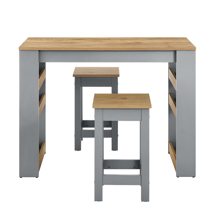 Maklaine Contemporary 3-Piece Kitchen Island and Stool Set in Oak Gray