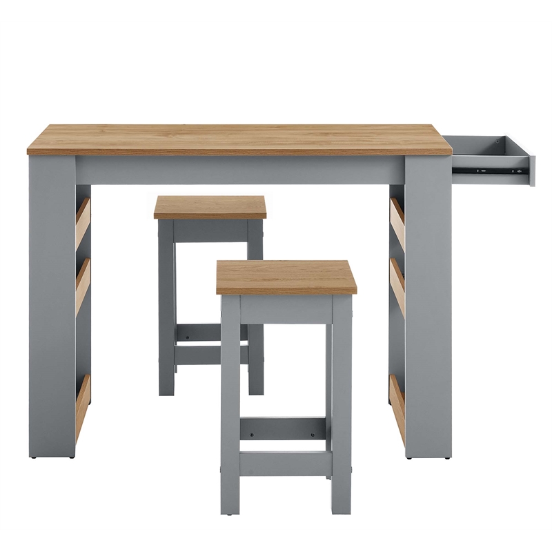 Maklaine Contemporary 3-Piece Kitchen Island and Stool Set in Oak Gray