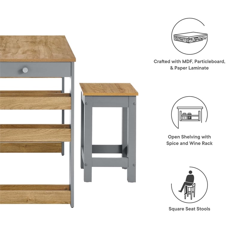 Maklaine Contemporary 3-Piece Kitchen Island and Stool Set in Oak Gray