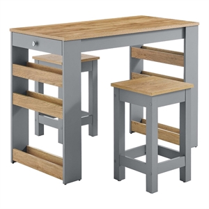 Maklaine Contemporary 3-Piece Kitchen Island and Stool Set in Oak Gray