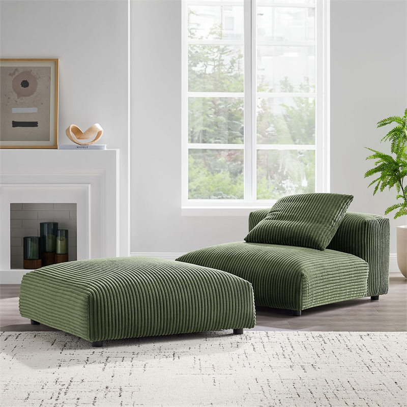 Maklaine Modular Corduroy Upholstered Armless Chair and Ottoman Set in Fern
