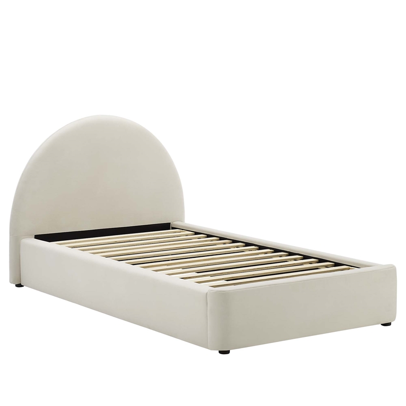 Maklaine Performance Velvet Arched Round Twin Platform Bed in Alabaster