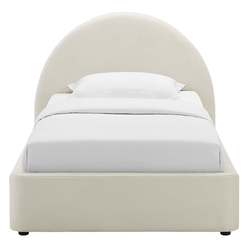 Maklaine Performance Velvet Arched Round Twin Platform Bed in Alabaster