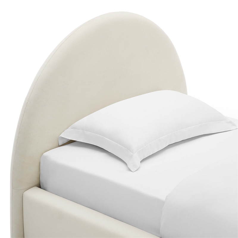 Maklaine Performance Velvet Arched Round Twin Platform Bed in Alabaster