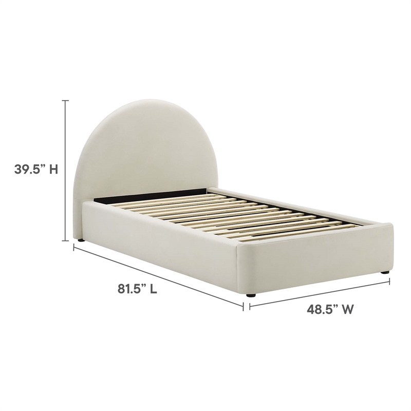 Maklaine Performance Velvet Arched Round Twin Platform Bed in Alabaster