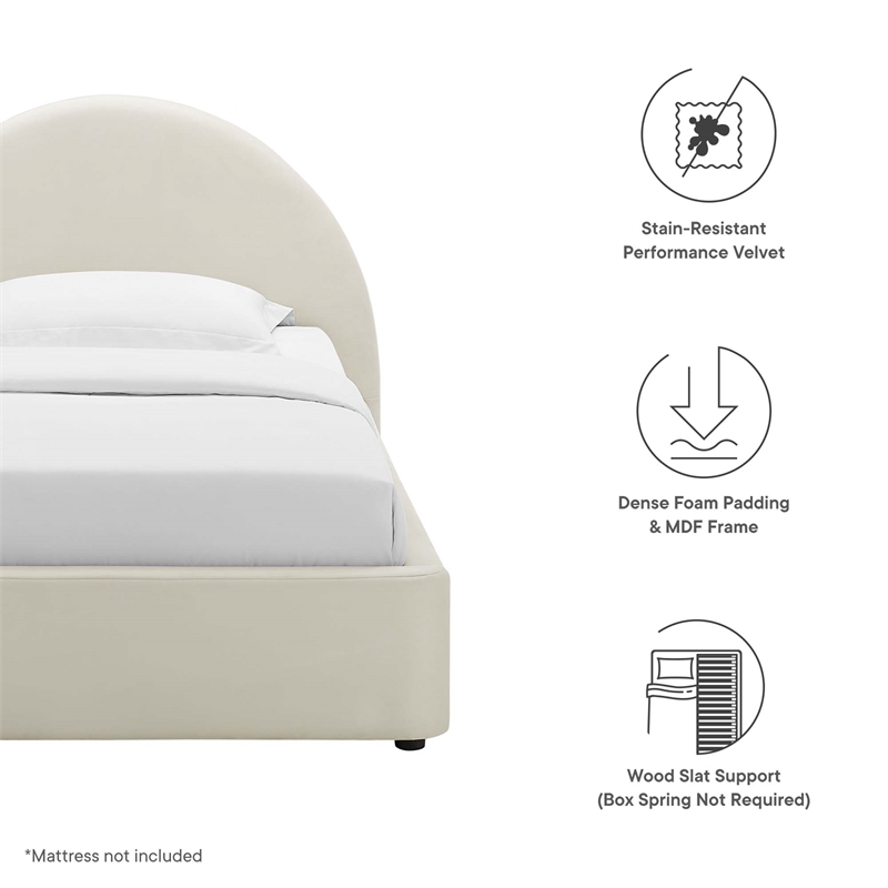 Maklaine Performance Velvet Arched Round Twin Platform Bed in Alabaster