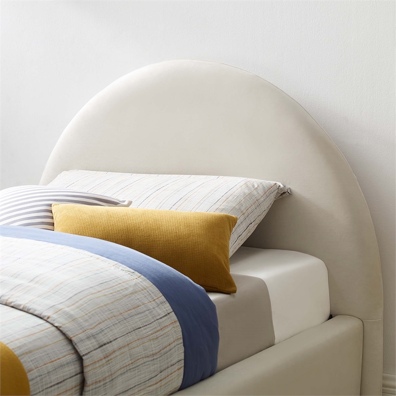 Maklaine Performance Velvet Arched Round Twin Platform Bed in Alabaster