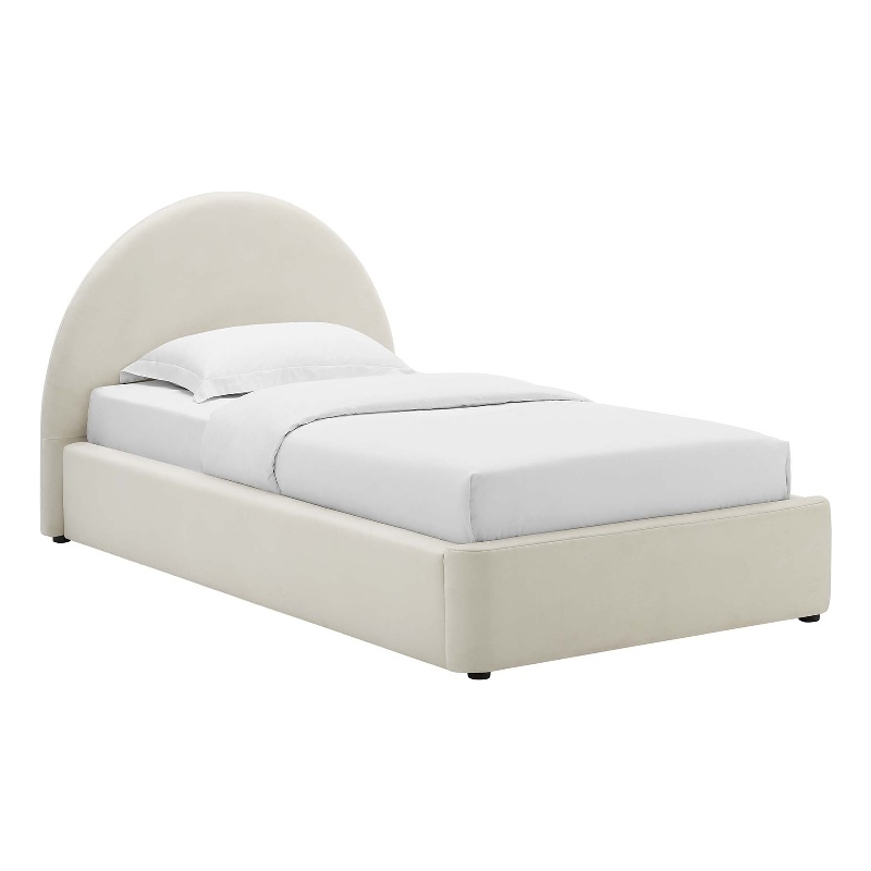 Maklaine Performance Velvet Arched Round Twin Platform Bed in Alabaster